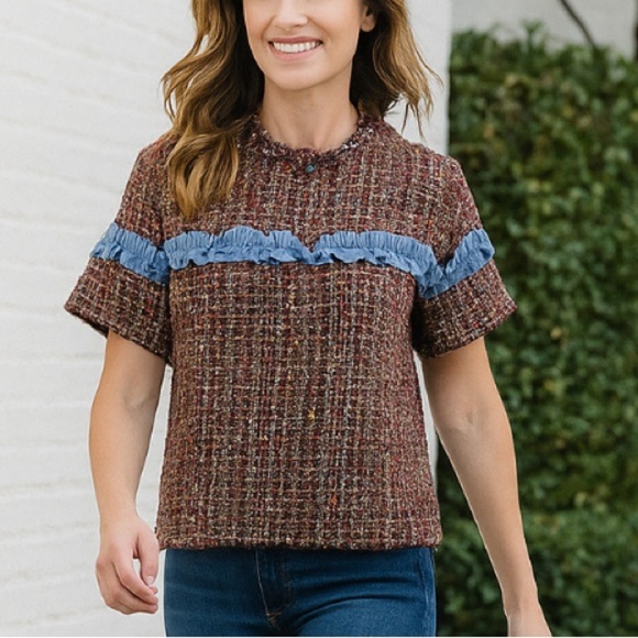 Zara Multicolor Tweed Short Sleeve Top with Blue Ruffle Accent Size Medium - Picture 1 of 8